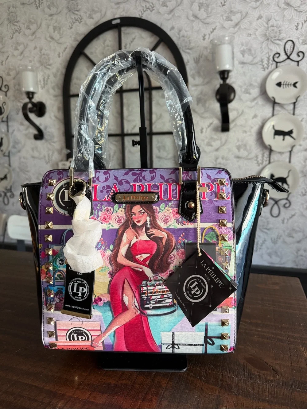 La Philipe MiamiPurple Graphic Satchel with Top Handles